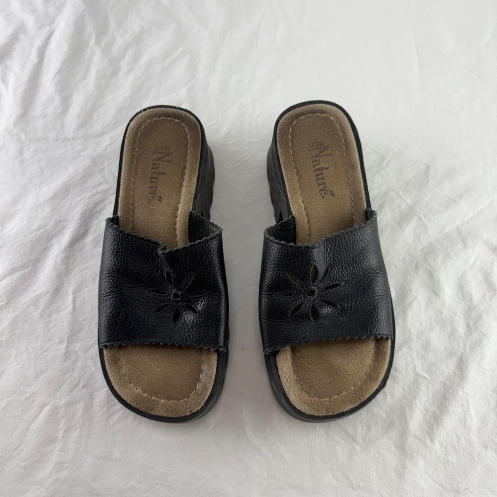 Via Natural Platform Slide Sandals Womens 8.5 Black Boho Cottagecore